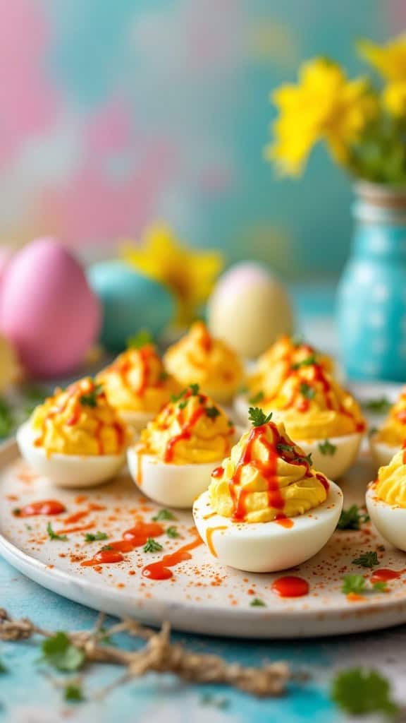 A plate of colorful spicy sriracha deviled eggs garnished with cilantro and served with vibrant Easter decorations.