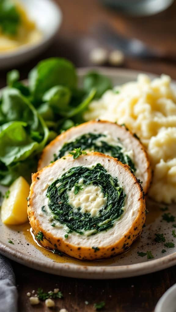 Slice of spinach and feta stuffed chicken breast on a plate with mashed potatoes and salad
