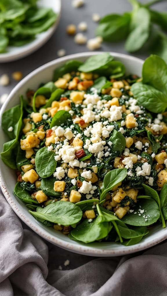 A bowl of spinach and feta stuffing with cubes of bread and crumbled feta on top, surrounded by fresh spinach leaves.