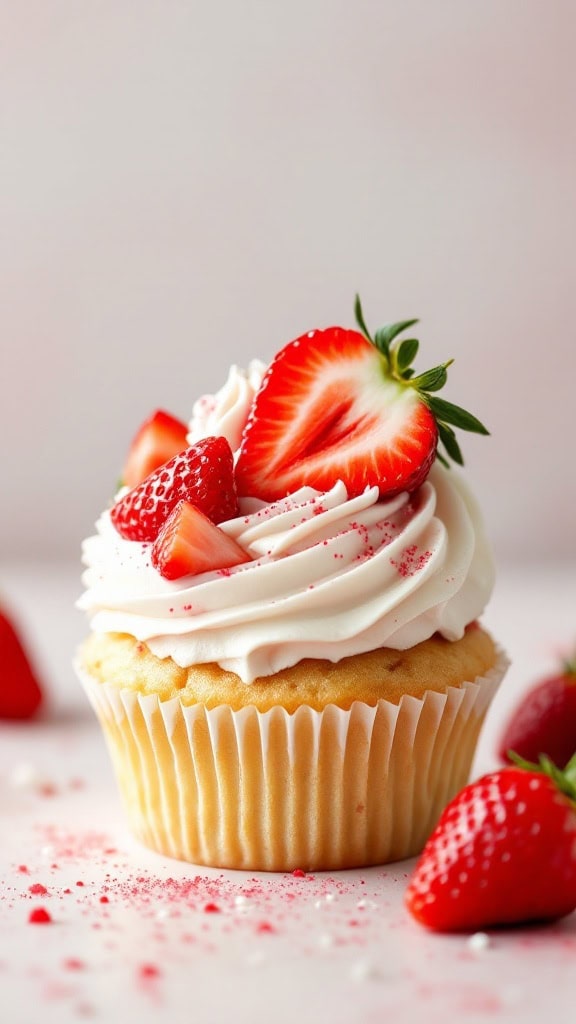 A delicious strawberry shortcake cupcake with a swirl of frosting and fresh strawberries on top.