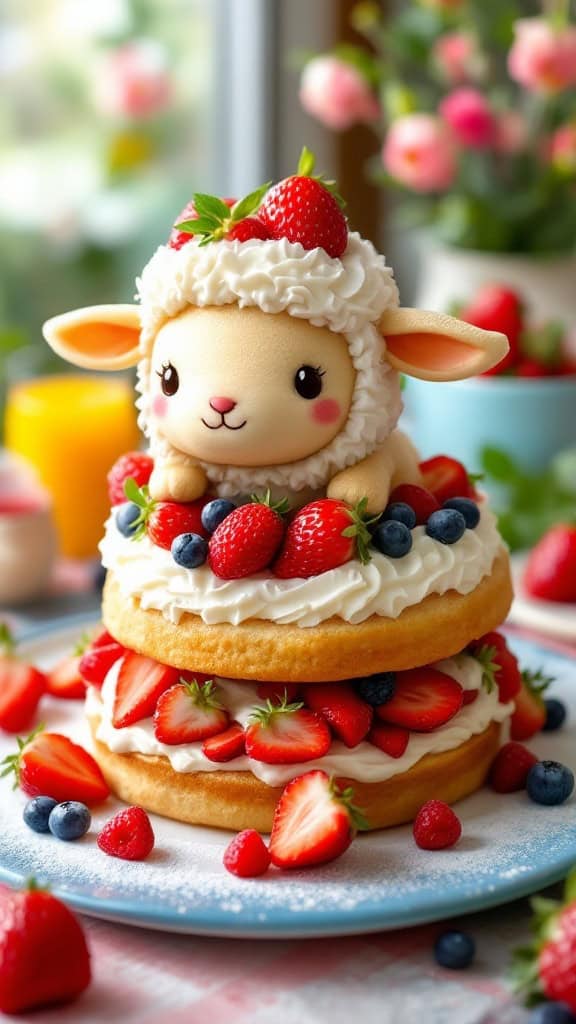 A delicious strawberry shortcake lamb cake topped with fresh strawberries and blueberries.
