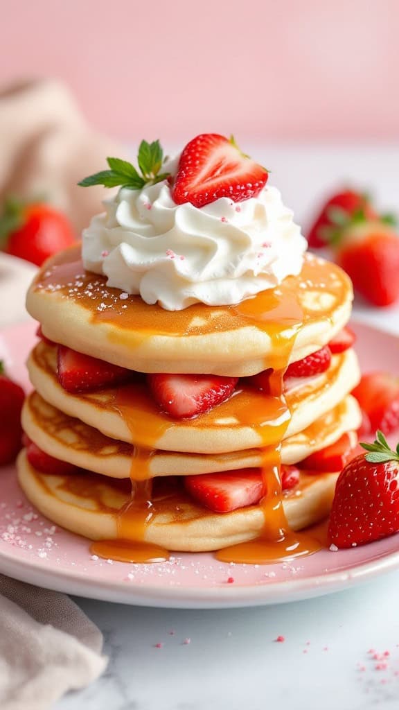 A stack of strawberry shortcake pancakes topped with whipped cream and fresh strawberries.