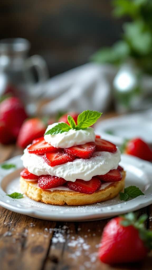 A delicious strawberry shortcake topped with whipped cream and fresh strawberries.