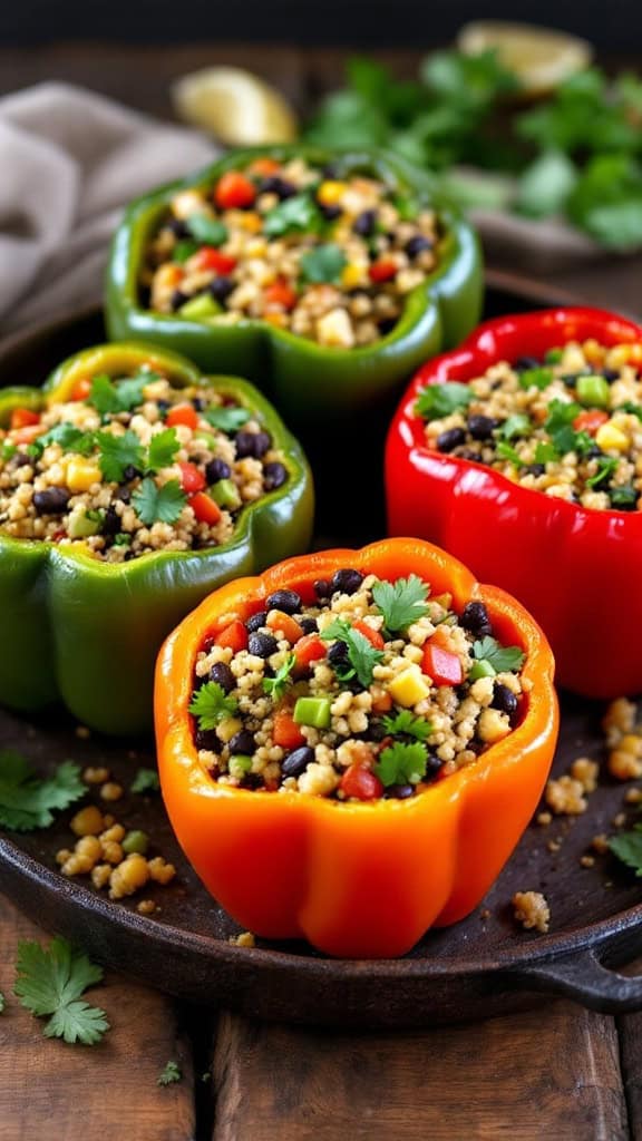 Colorful stuffed bell peppers filled with quinoa and vegetables on a wooden board.