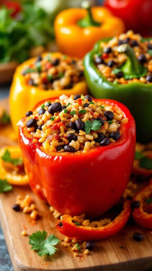 Colorful stuffed bell peppers filled with rice and beans on a wooden cutting board