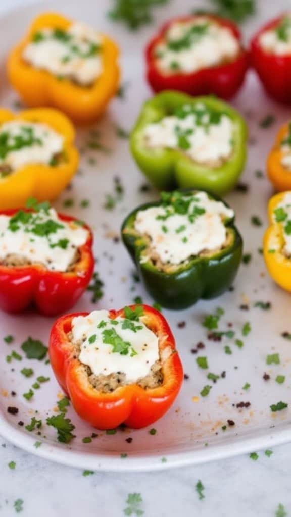 A platter of stuffed mini peppers in various colors, topped with herbs.