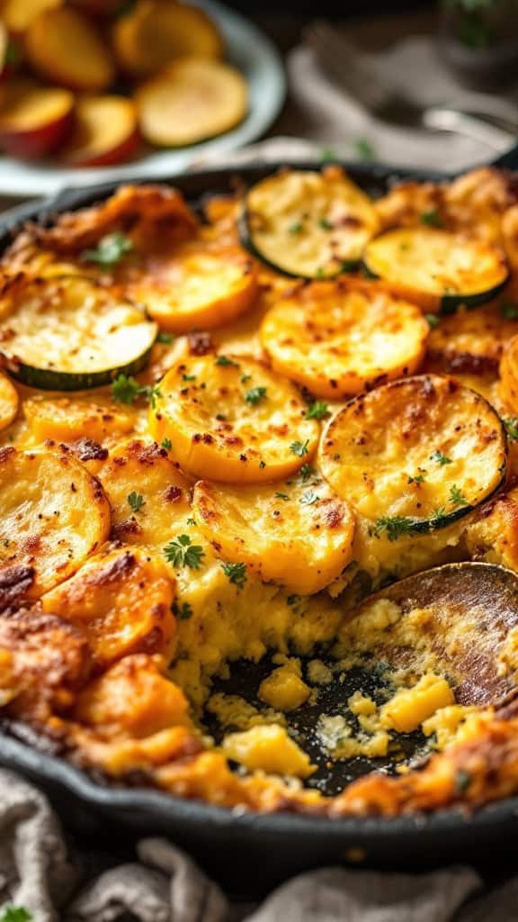 A baked summer squash casserole with golden slices of summer squash on top, garnished with herbs.