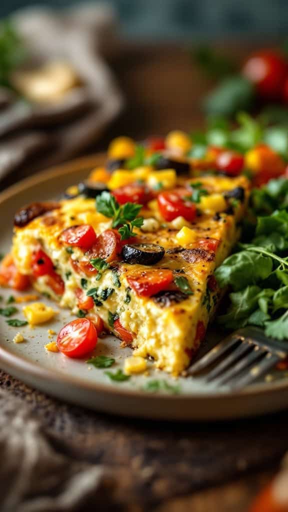 A slice of vegetable frittata on a plate with a fork, garnished with fresh herbs and accompanied by a side of greens.