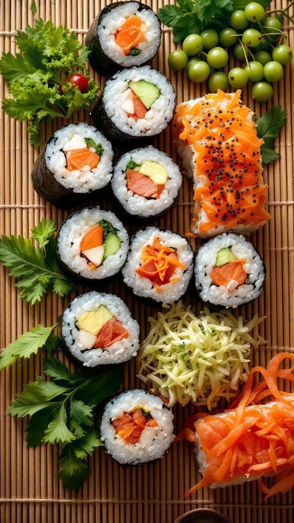 A variety of sushi rolls displayed with fresh vegetables on a bamboo mat.