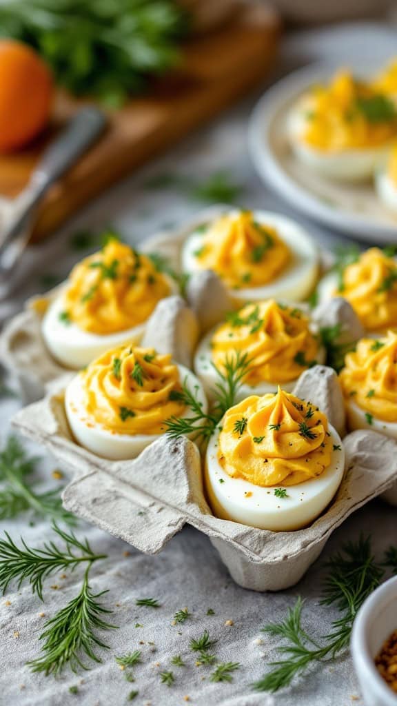 A tray of sweet and tangy mustard deviled eggs garnished with herbs.