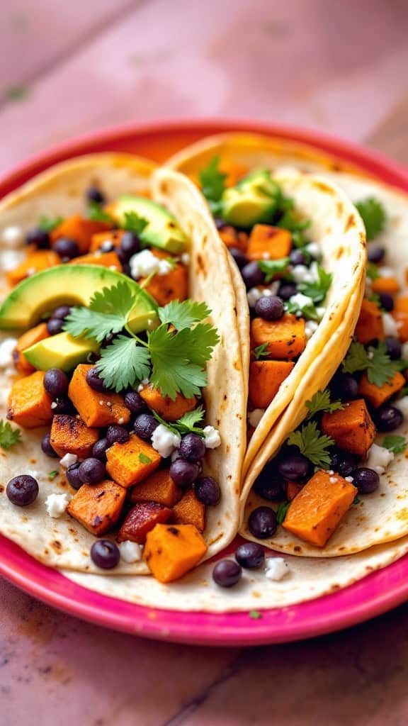 Sweet potato and black bean tacos with avocado and cilantro