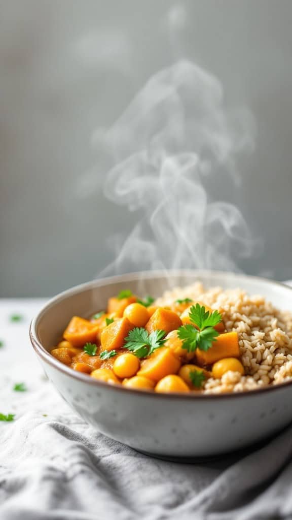A bowl of sweet potato and chickpea curry served with rice, garnished with fresh herbs.