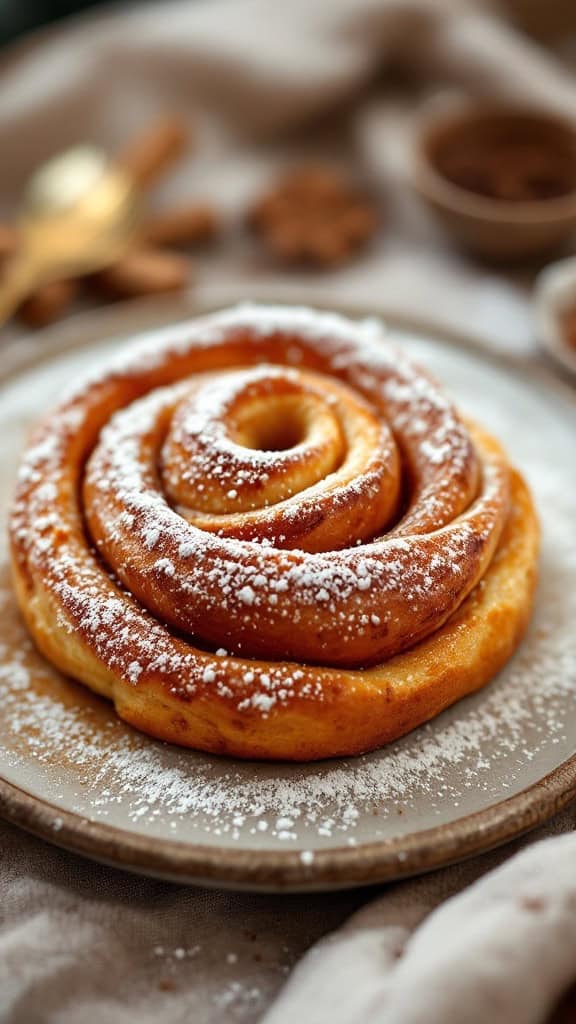 A delicious swirl of sweet potato and cinnamon bun dusted with powdered sugar