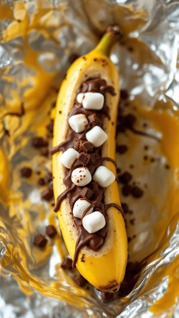 A campfire banana boats with chocolate and marshmallows.