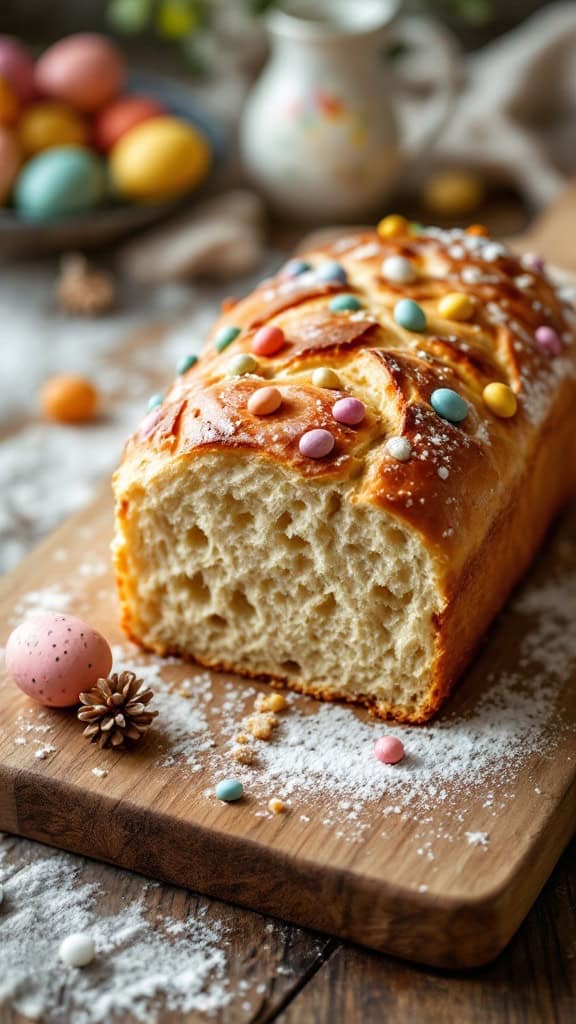 A loaf of sweet yeast Easter bread topped with colorful sprinkles, set on a wooden board with Easter decorations.