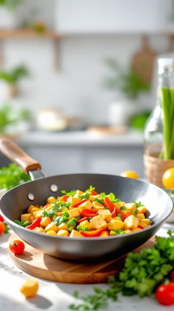 A vibrant tofu and vegetable stir-fry in a black pan, featuring colorful bell peppers and greens.