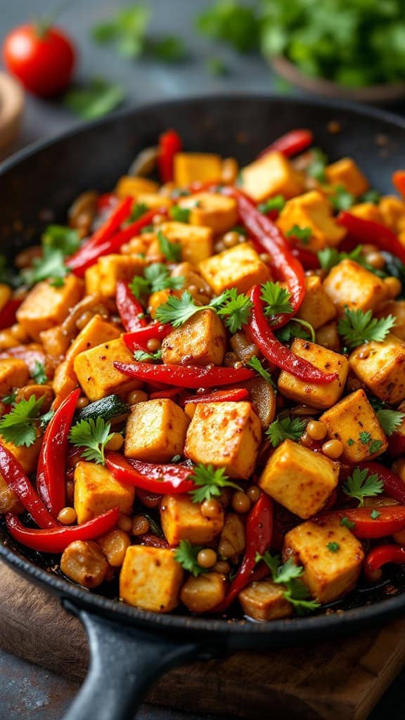A colorful tofu stir-fry with mixed vegetables in a skillet