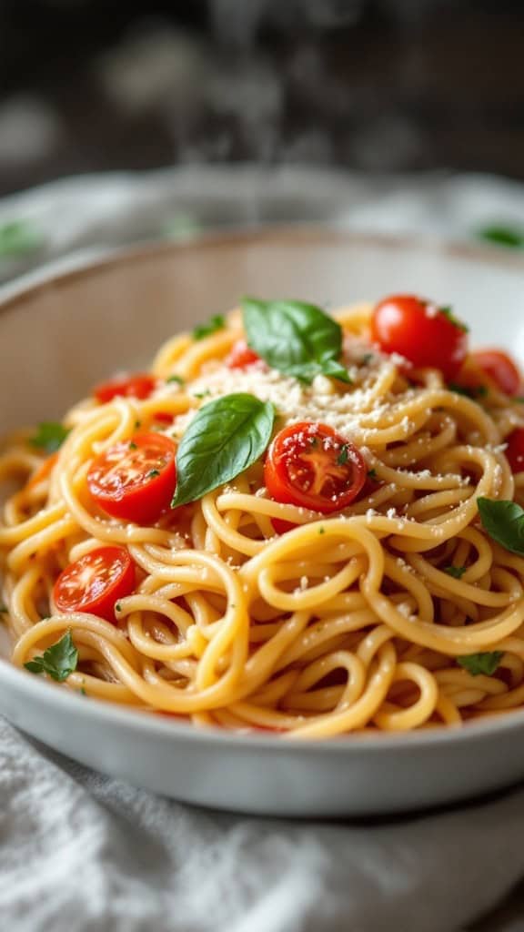 A bowl of spaghetti with cherry tomatoes and fresh basil