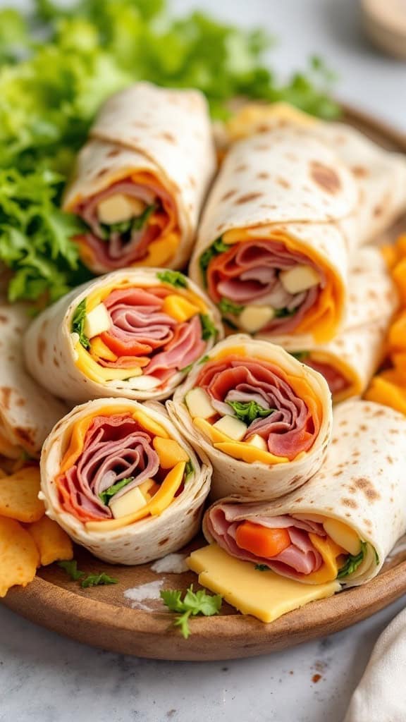 A plate of colorful tortilla roll-ups with various deli meats and cheeses, garnished with greens.