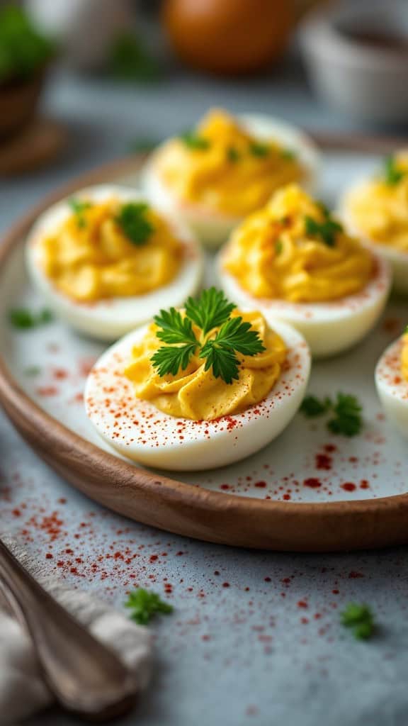 A plate of traditional deviled eggs garnished with paprika and parsley.