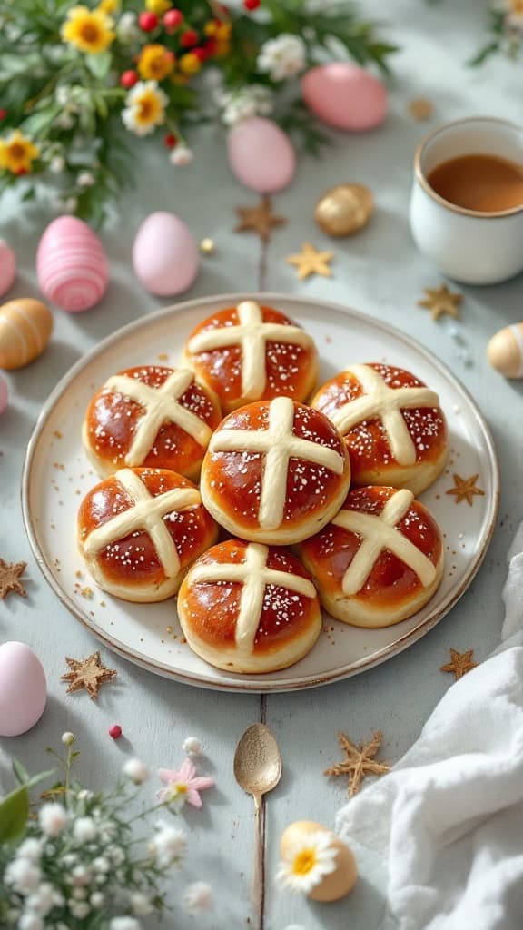 A plate of traditional hot cross buns with a cross on top, surrounded by festive decorations.