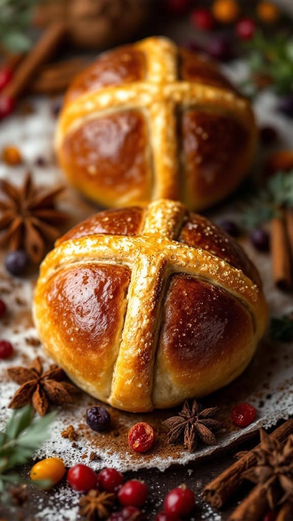 Two freshly baked hot cross buns with a golden crust and spices surrounding them.