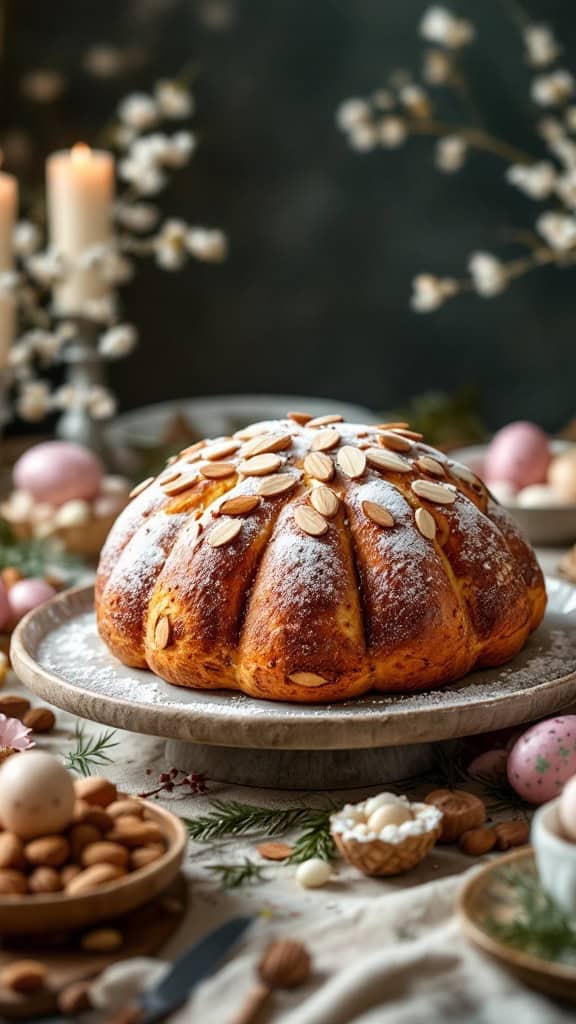 A traditional Italian colomba cake served on a wooden platter with almonds and Easter decorations.