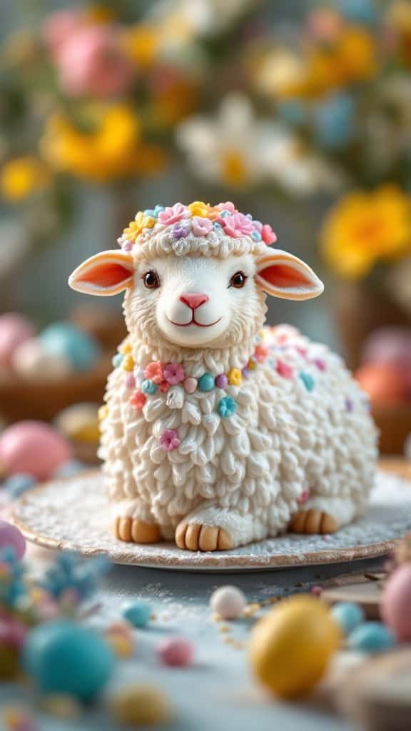 A beautifully decorated traditional Italian lamb cake with almond flavor, surrounded by pastel-colored candies and flowers.