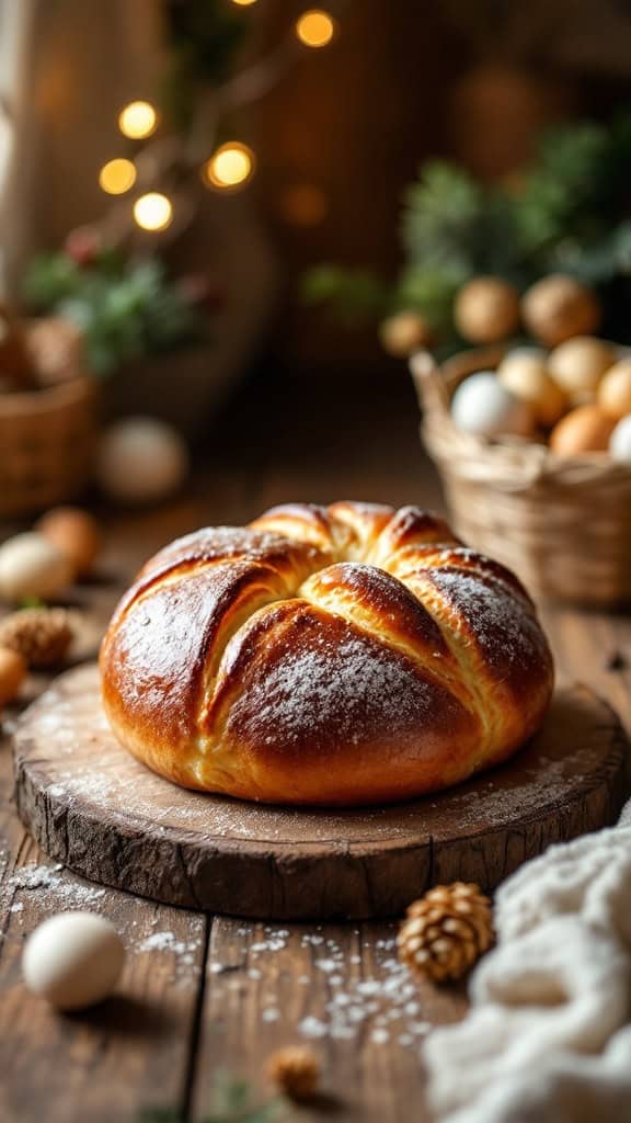 A round, freshly baked Jamaican Easter bun on a wooden platter surrounded by decorative elements.