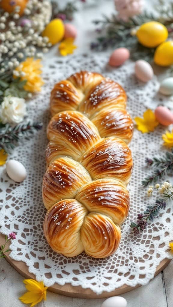 A beautifully braided sweet Easter bread, Tsoureki, surrounded by colorful Easter decorations.