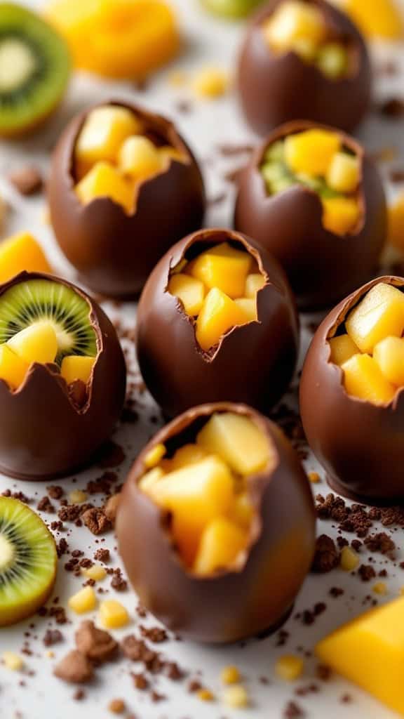 Chocolate eggs filled with diced mango and kiwi on a pastel background.
