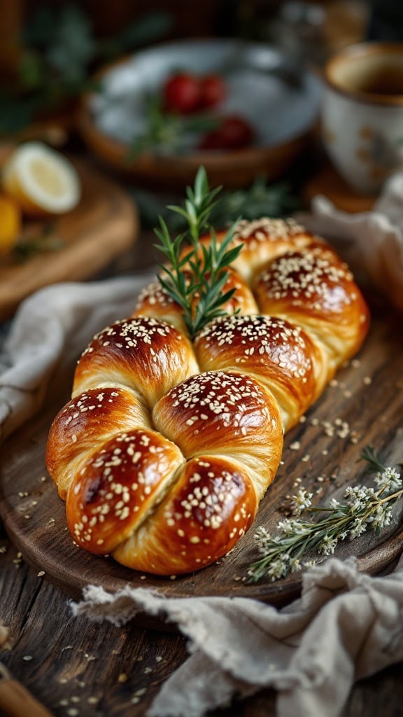 A beautifully braided Tsoureki bread topped with sesame seeds and garnished with herbs on a wooden platter.