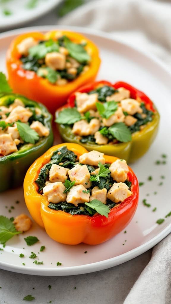 Colorful bell peppers stuffed with turkey and spinach