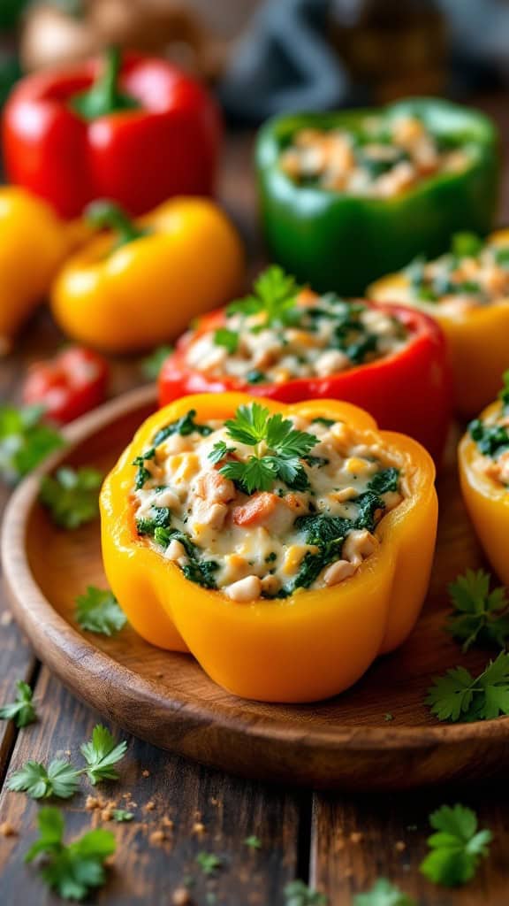 Colorful stuffed peppers filled with turkey and spinach, garnished with herbs.