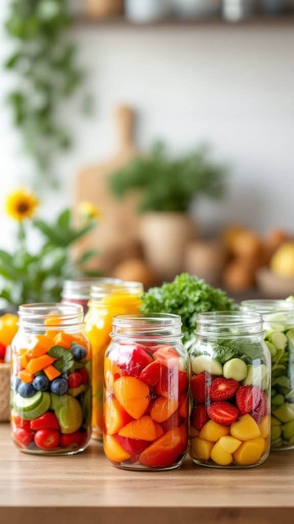 Colorful fruits and veggies stored in Mason jars on a wooden table.