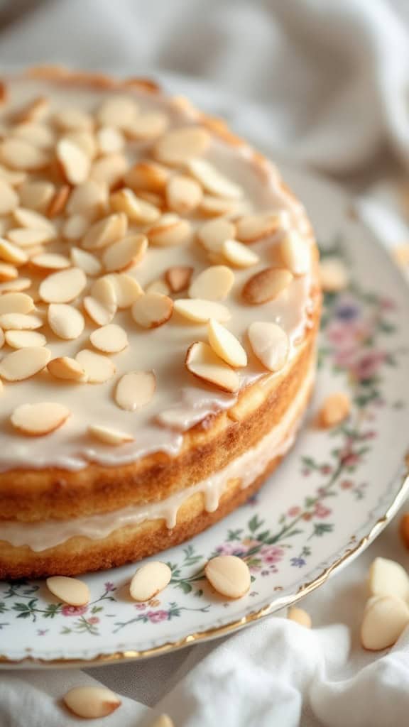 Vanilla bean almond cake topped with sliced almonds on a floral plate