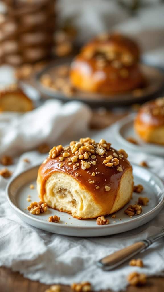 A delicious vanilla bean and walnut Easter bun on a plate, garnished with chopped walnuts.