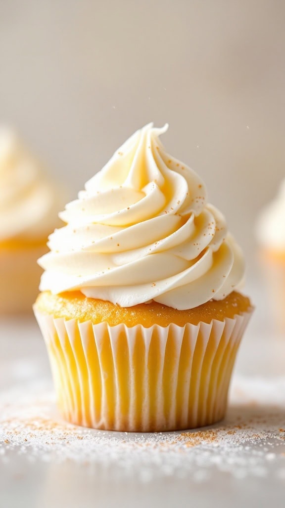 A beautifully frosted vanilla bean cupcake with a swirl of creamy icing.
