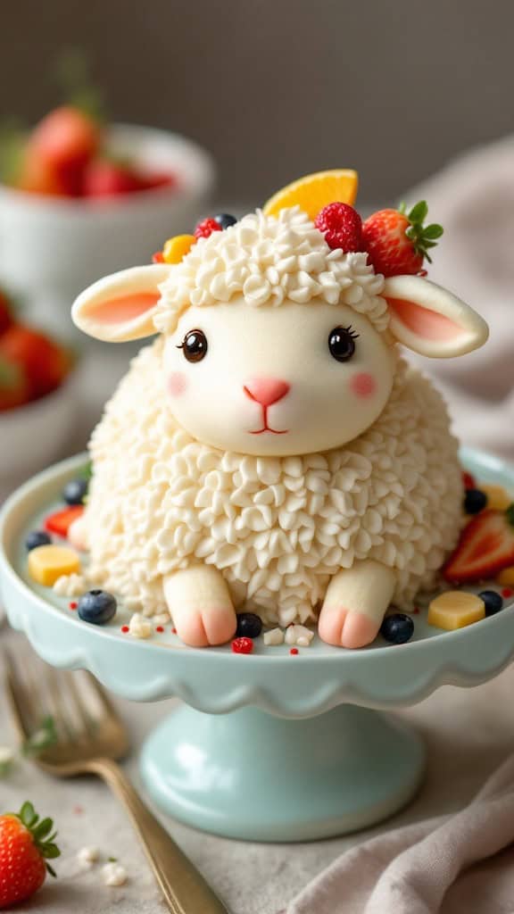 A vanilla bean lamb cake topped with assorted fresh fruits and a creamy glaze.