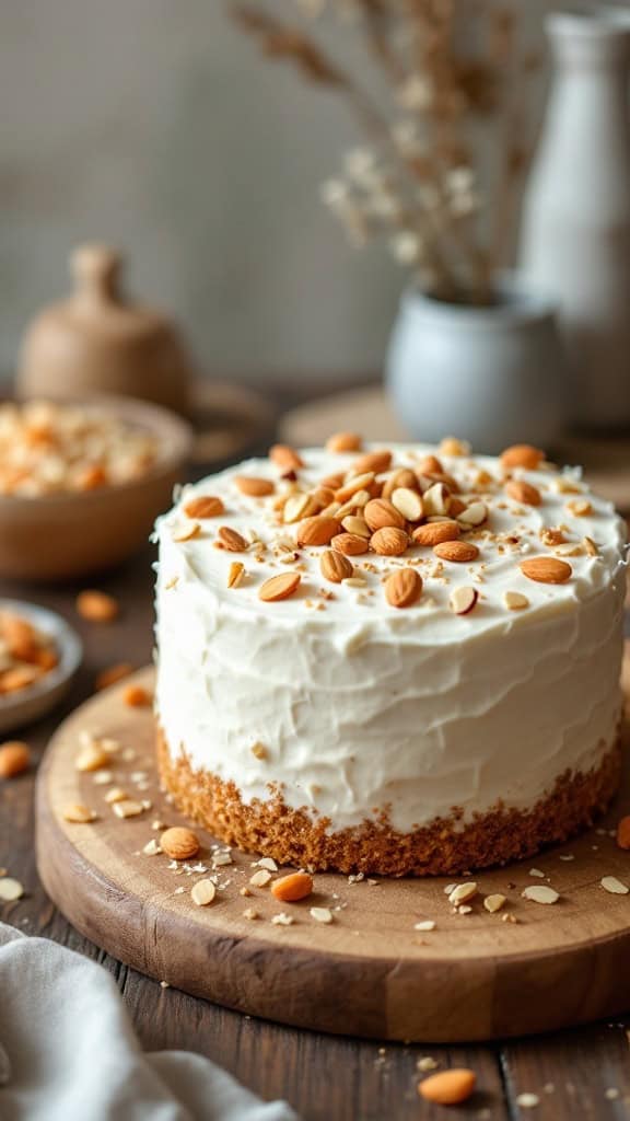 A beautifully decorated vegan carrot cake topped with almonds on a wooden platter.