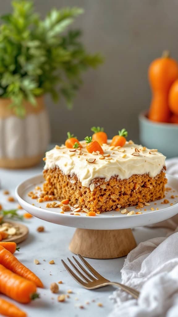 A slice of vegan carrot cake with almond cream on a plate, surrounded by fresh carrots.