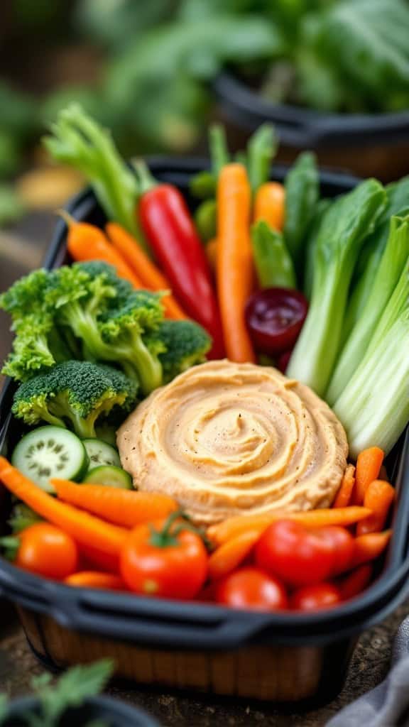 A variety of fresh vegetables arranged around a container of hummus.