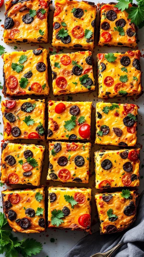 A tray of colorful vegetable frittata squares topped with herbs, showcasing a delicious breakfast option.