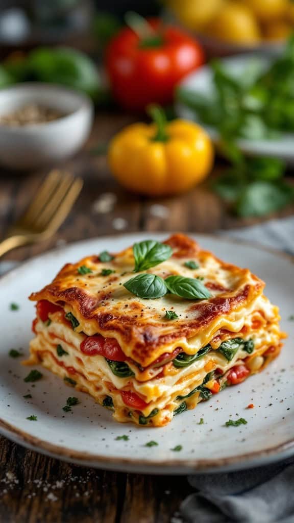 A slice of vegetable lasagna with ricotta on a plate, garnished with basil.