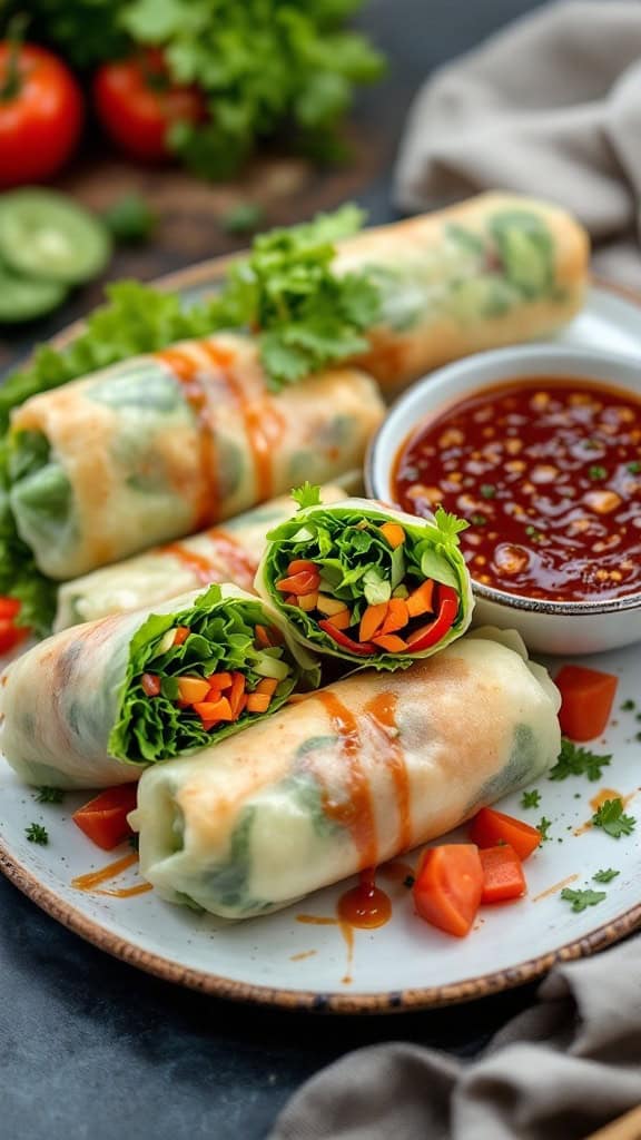 A platter of vegetable spring rolls with a dipping sauce and fresh vegetables.
