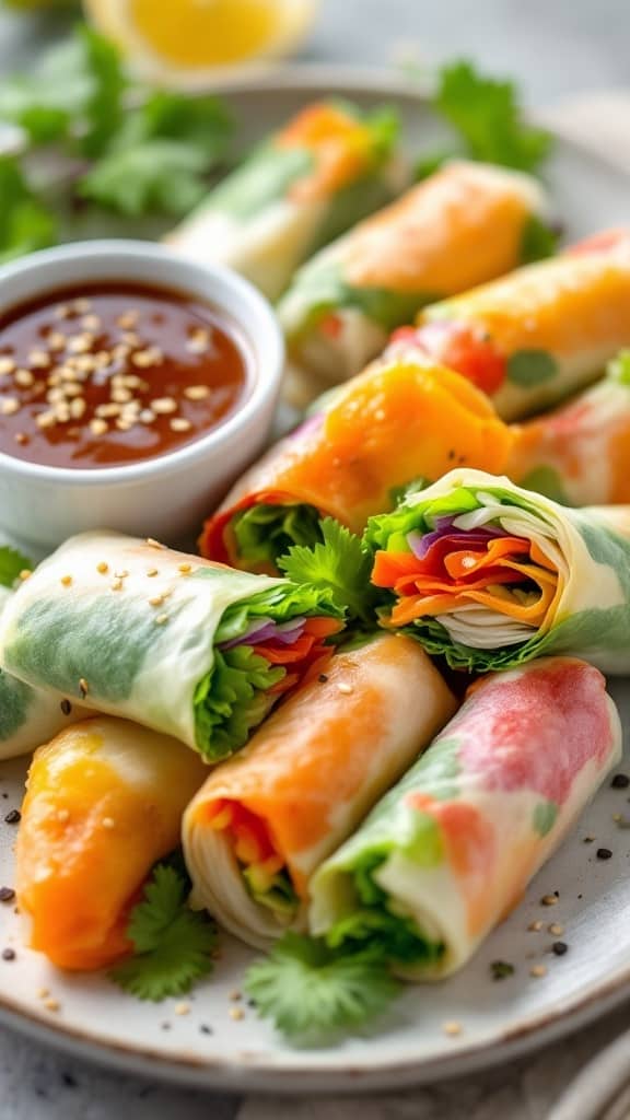 A plate of colorful vegetable spring rolls with dipping sauce and garnishes.