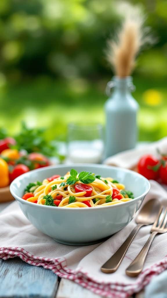 A bowl of vegetarian pasta primavera with seasonal vegetables on a table.