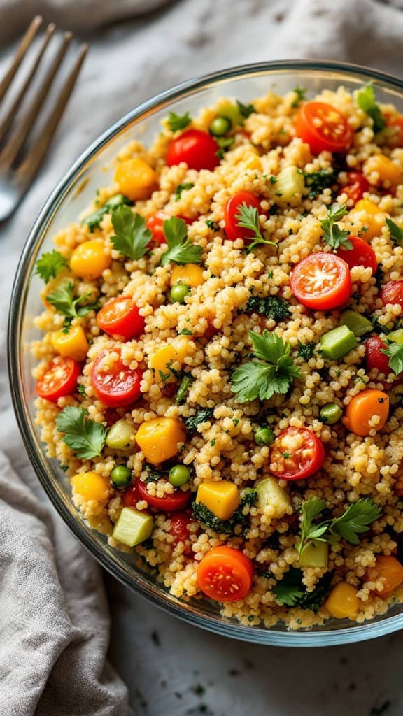 A bowl of vibrant vegetarian quinoa stuffing with tomatoes, corn, and herbs.