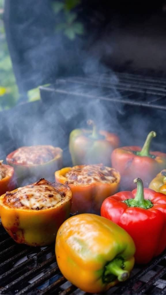 Grilled vegetarian stuffed bell peppers on a barbecue grill.