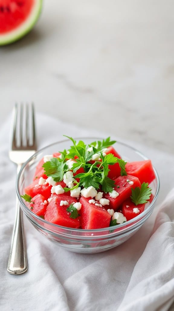 Bowl of watermelon and feta salad with parsley